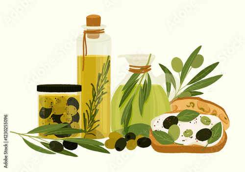 Glass bottle with olive oil, rosemary, jar of pickled olives, olive branch, carafe of olive oil, and bruschetta with cream cheese and olives composing a Mediterranean style still life