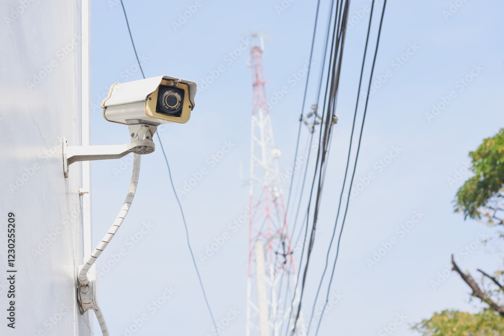 surveillance camera mounted on the exterior wall of a building. The camera is housed in a protective casing and is attached to the wall with a metal bracket. surveillance camera mounted on the exterior wall of a building. The camera is housed in a protective casing and is attached to the wall with a metal bracket.