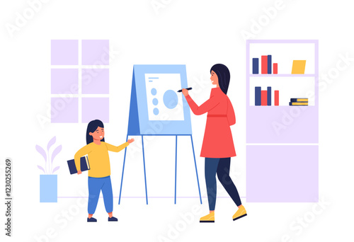 Homeschooling during quarantine, teacher explaining lesson on a whiteboard to a little girl student holding a book, books on a shelf, window, houseplant, illustration