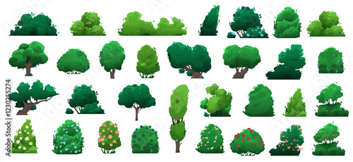 Different types of green trees and bushes forming a cartoon landscape, ideal for creating natural scenarios or adding greenery to illustrations