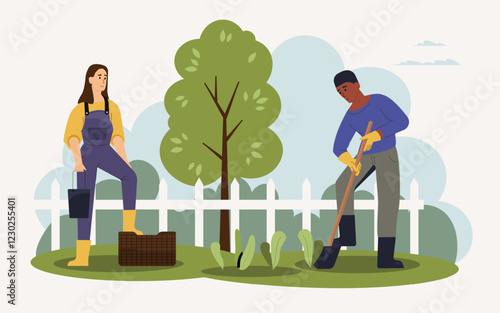 Two gardeners collaborating in a vibrant garden. Planting and nurturing various plants during spring. Emphasizing teamwork and a commitment to ecological practices. They create a thriving environment