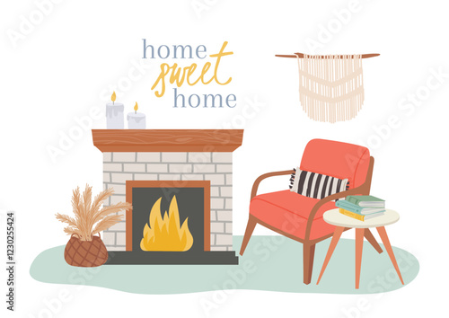 Burning fireplace with candles. Macrame wall hanging. Cozy armchair with pillow and books. And dry plants in a wicker basket create a warm and inviting atmosphere in a Scandinavian style living room