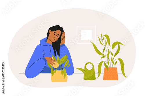 Young woman cleaning and taking care of houseplants sitting at a table, gardening at home, watering can and houseplants, hobby and leisure, home garden