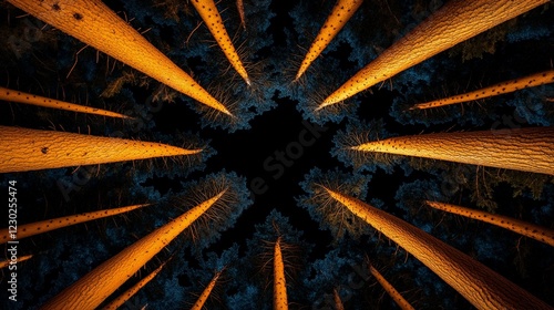 Forest Tunnel of Light: Looking up through a canopy of tall trees, sunlight filters through creating a mesmerizing pattern of golden light and dark shadows.