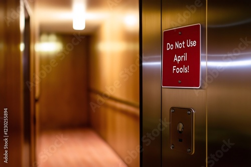 Wallpaper Mural Elevator doors displaying an April Fools' Day sign reading Do Not Use, adding a humorous twist to an otherwise ordinary hallway scene Torontodigital.ca