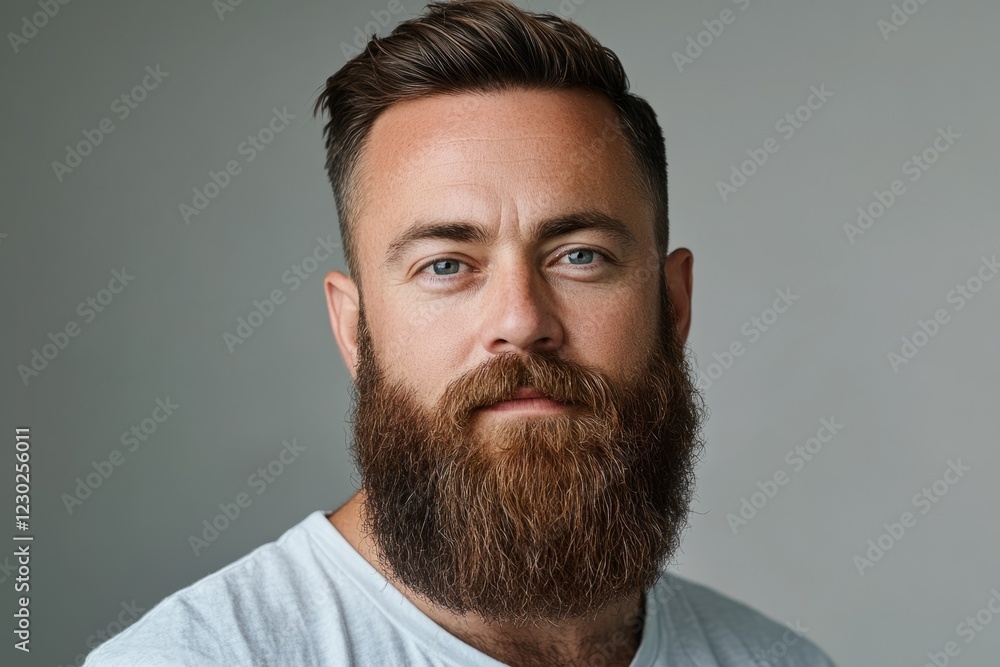 Fototapeta premium Bearded man with blue eyes and brown hair is posing in a studio shot, representing modern masculinity and style