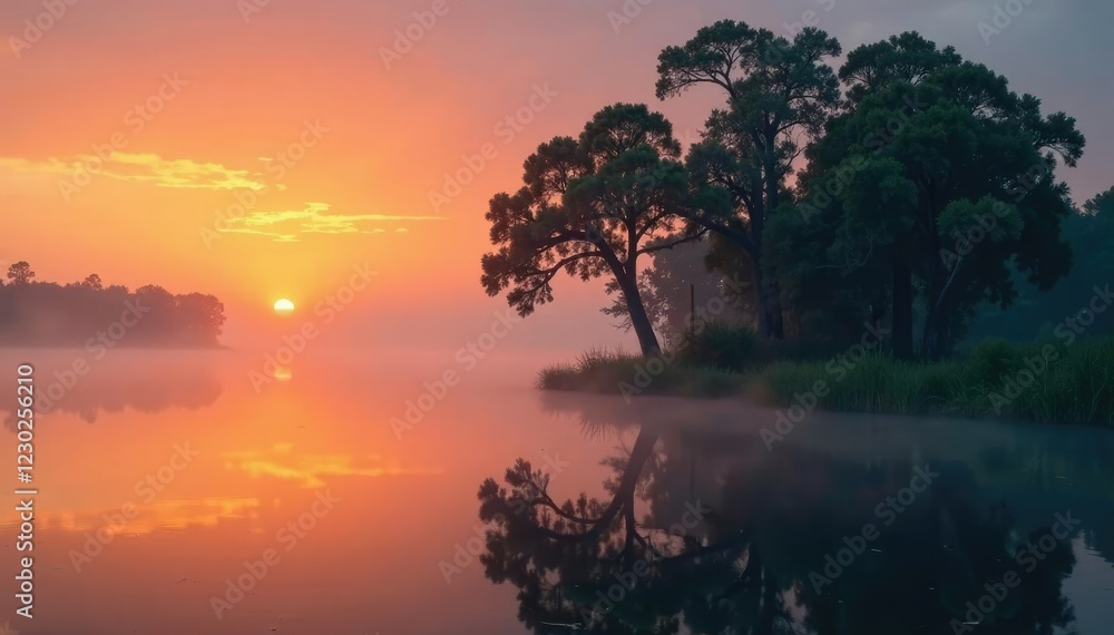 Misty cypress trees rise from murky waters at sunset, cypress, water, florida Misty cypress trees rise from murky waters at sunset, cypress, water, florida