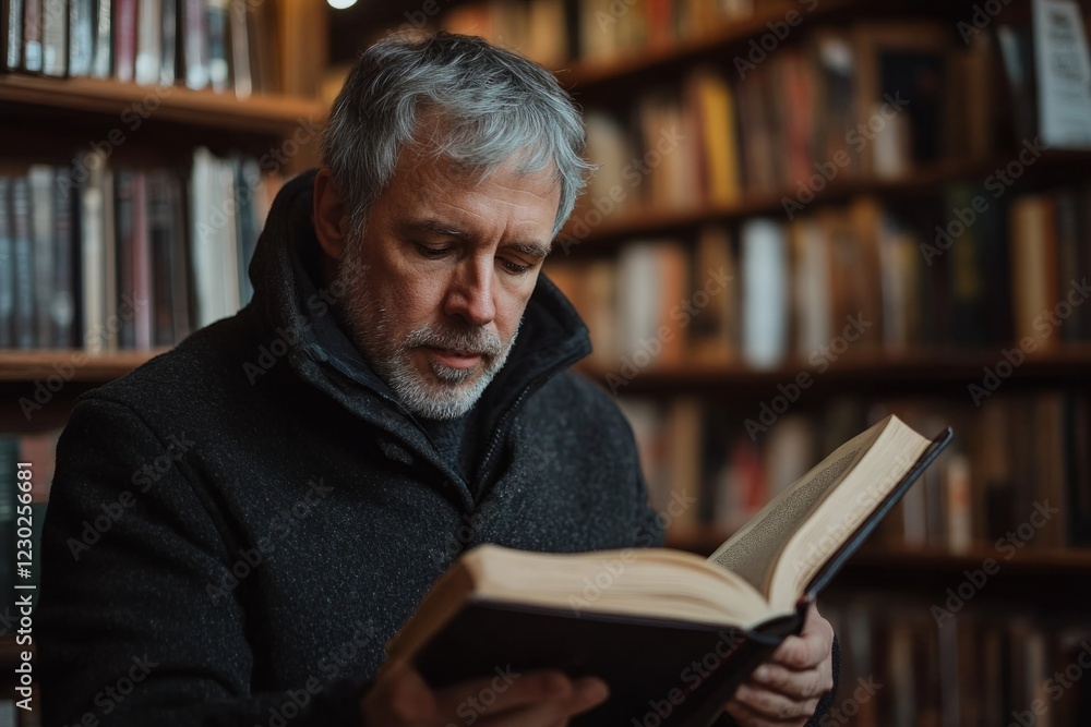 Focused mature man reading a book in the library, enjoying the quiet atmosphere and expanding his knowledge Focused mature man reading a book in the library, enjoying the quiet atmosphere and expanding his knowledge