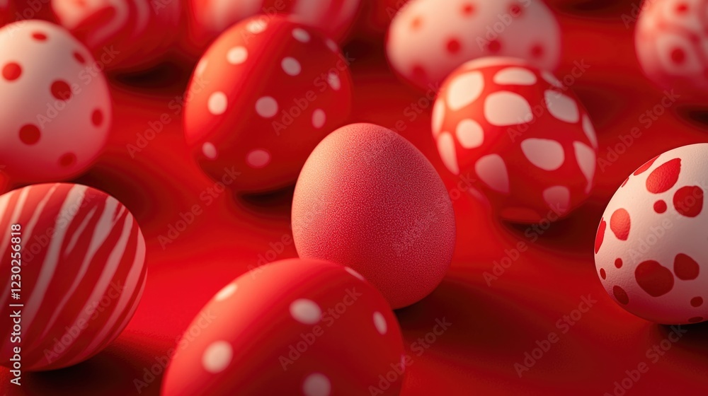 Collection of red and pink eggs with white spots, sitting on a red surface. Collection of red and pink eggs with white spots, sitting on a red surface.