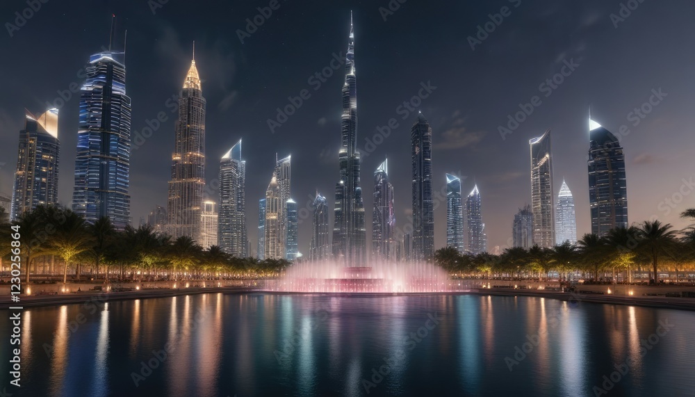 Nighttime View of Dubai Downtown with Dubai Fountain, night, skyscrapers, Dubai Fountain Nighttime View of Dubai Downtown with Dubai Fountain, night, skyscrapers, Dubai Fountain