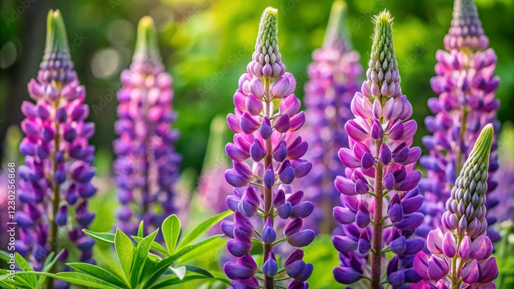 Fototapeta premium Lupinus Polyphyllus Lilac Flowers Macro Photography - Spring Bloom, Selective Focus, Green Leaves