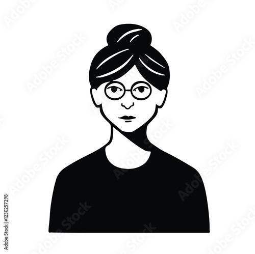 Flat style avatar, young office worker woman with high hairstyle in glasses, black and white