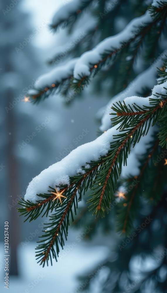 Serene snow-covered pine branch with copper star, tree, winter Serene snow-covered pine branch with copper star, tree, winter