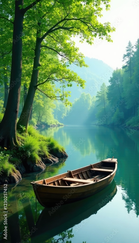 Serene riverbank with lush greenery and a wooden boat, trees, forest Serene riverbank with lush greenery and a wooden boat, trees, forest