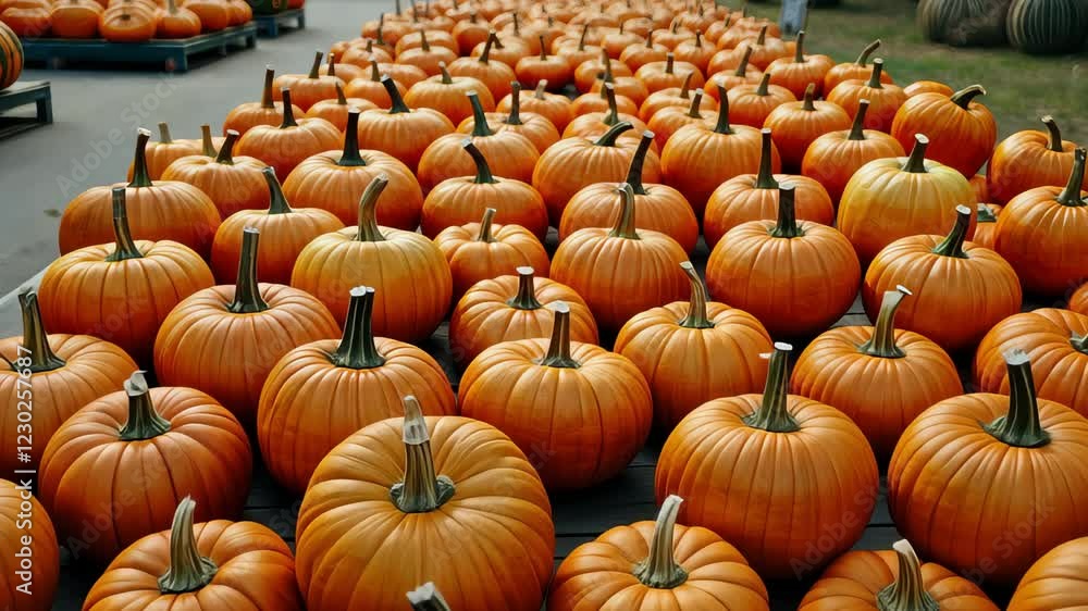 Rows of vibrant orange pumpkins line the tables at an outdoor market, creating a lively autumn atmosphere. the fresh pumpkins evoke a sense of seasonal abundance and festive cheer. Rows of vibrant orange pumpkins line the tables at an outdoor market, creating a lively autumn atmosphere. the fresh pumpkins evoke a sense of seasonal abundance and festive cheer.