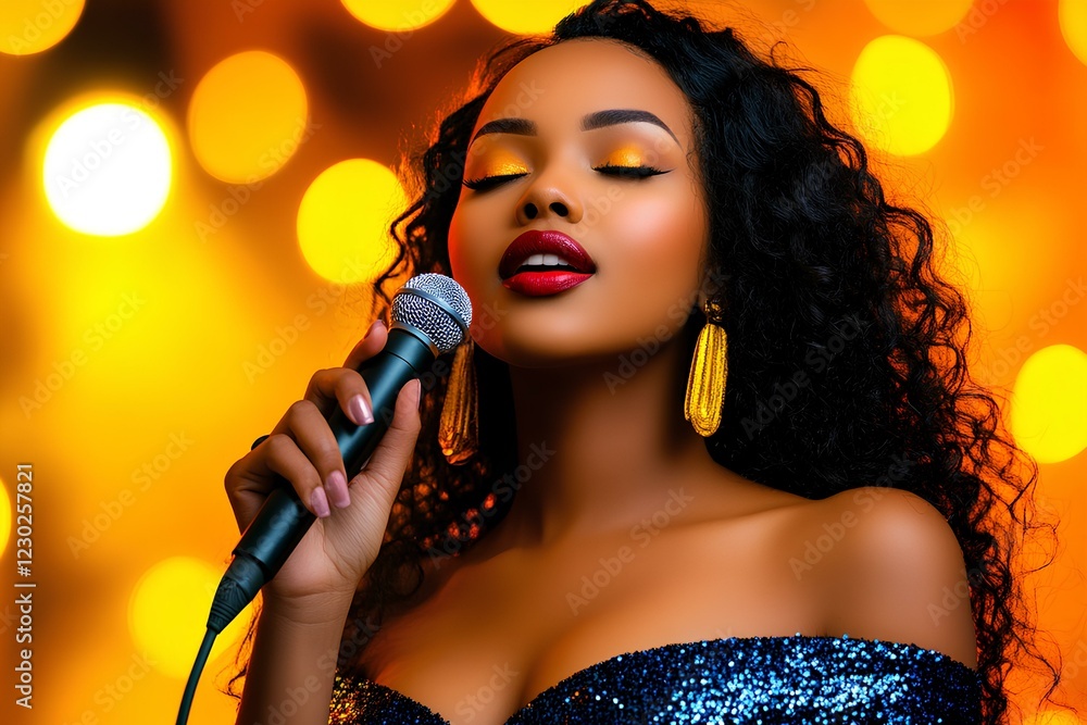 A close-up of African female vocalist singing into a microphone, her curly hair and blue dress adding to the elegance. A close-up of African female vocalist singing into a microphone, her curly hair and blue dress adding to the elegance.