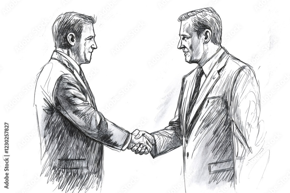 Fototapeta premium Pencil drawing representing two businessmen shaking hands, symbolizing agreement, partnership, and success in the business world
