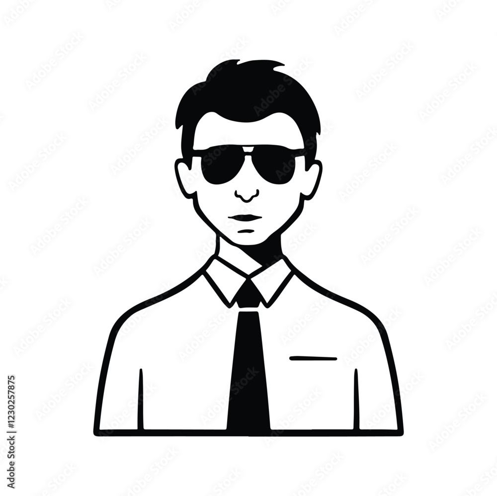 Flat style avatar, young office worker man in tie and sunglasses, black and white Flat style avatar, young office worker man in tie and sunglasses, black and white