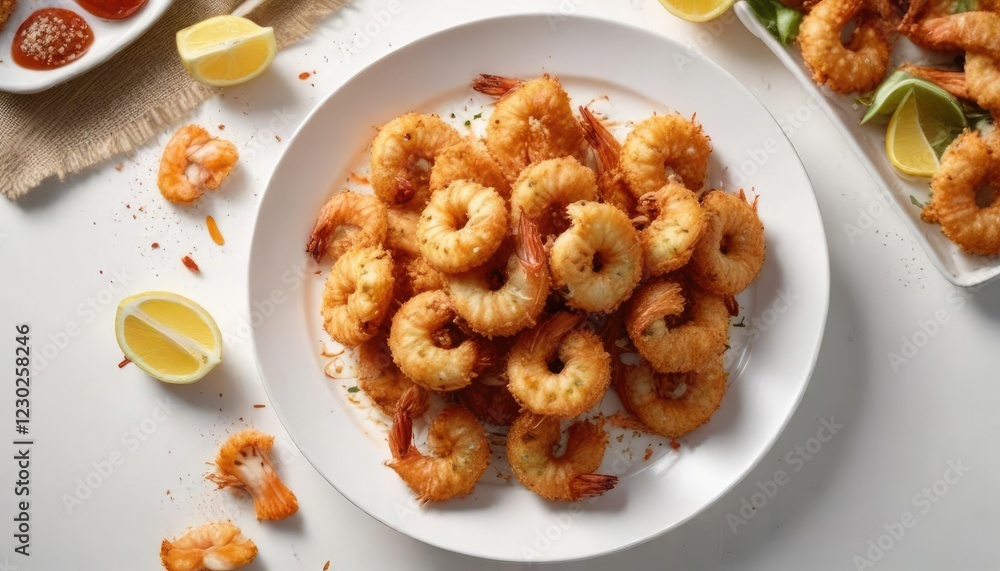 Overhead shot of a plate of crispy coconut shrimp on a white background with a blurred kitchen area, food photography, plate, Overhead shot of a plate of crispy coconut shrimp on a white background with a blurred kitchen area, food photography, plate,