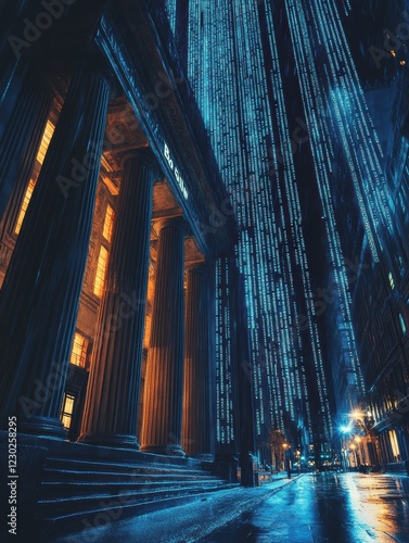 Digital Rain of Financial Data Urban Landscape Visual Art Nighttime Futuristic Concept photo