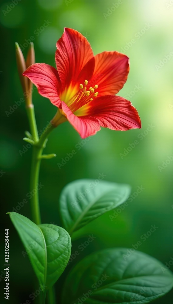 Fototapeta premium Single alstroemeria flower with lush green foliage, leaves, plant