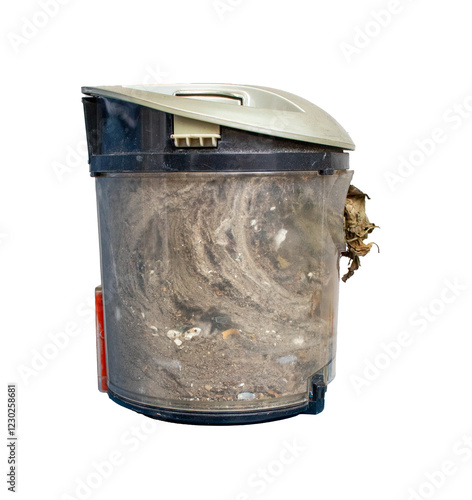 Compartment full of dirt, debris, dust, hair and fur. Vacuum cleaner filter. Container full of dirt. Household chores. Isolated on a transparent background.
