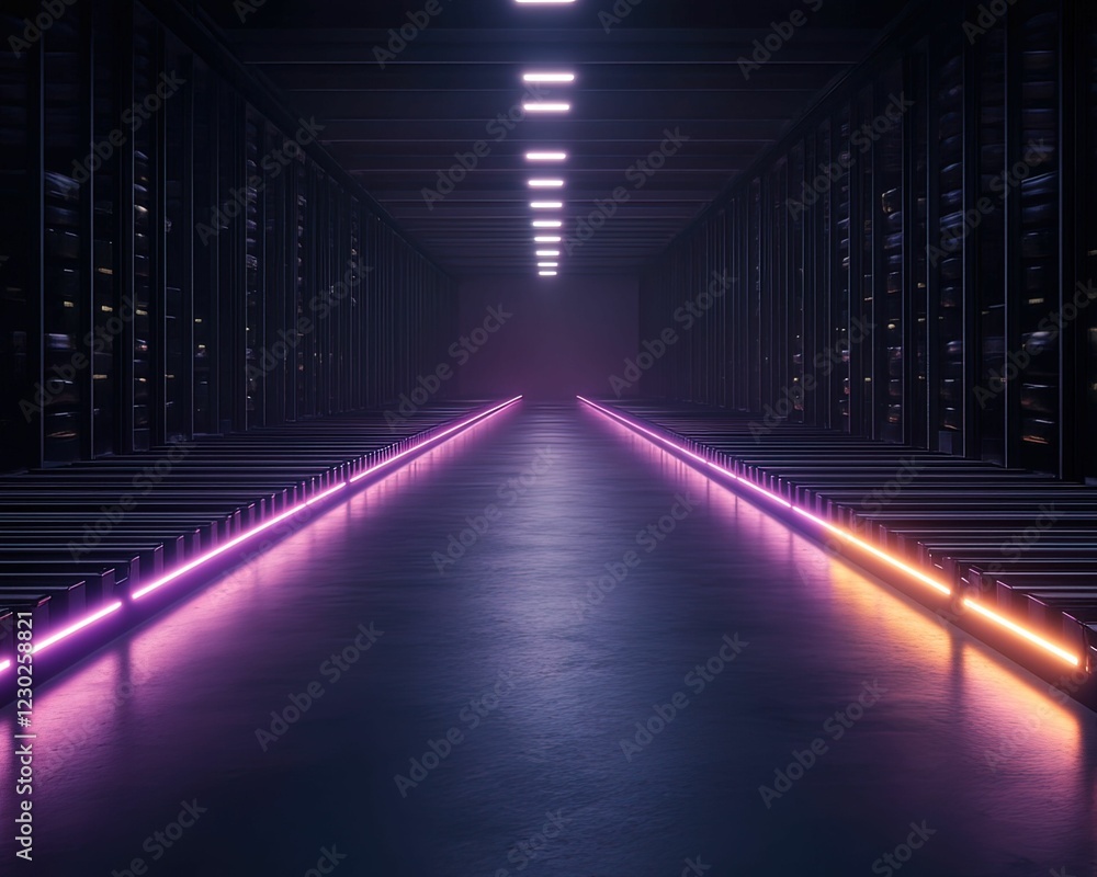 Fototapeta premium A futuristic corridor illuminated by colorful lights, leading into a dark, tech-inspired environment.