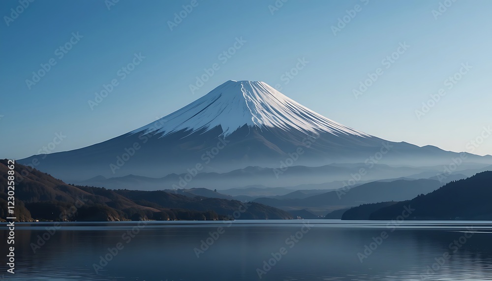 Majestic Mount Fuji Snow Capped Peak Over Calm Lake Majestic Mount Fuji Snow Capped Peak Over Calm Lake