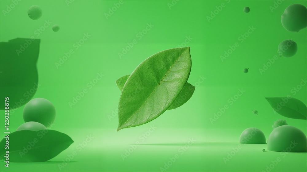 Leaf floating on green background with bubbles. Leaf floating on green background with bubbles.