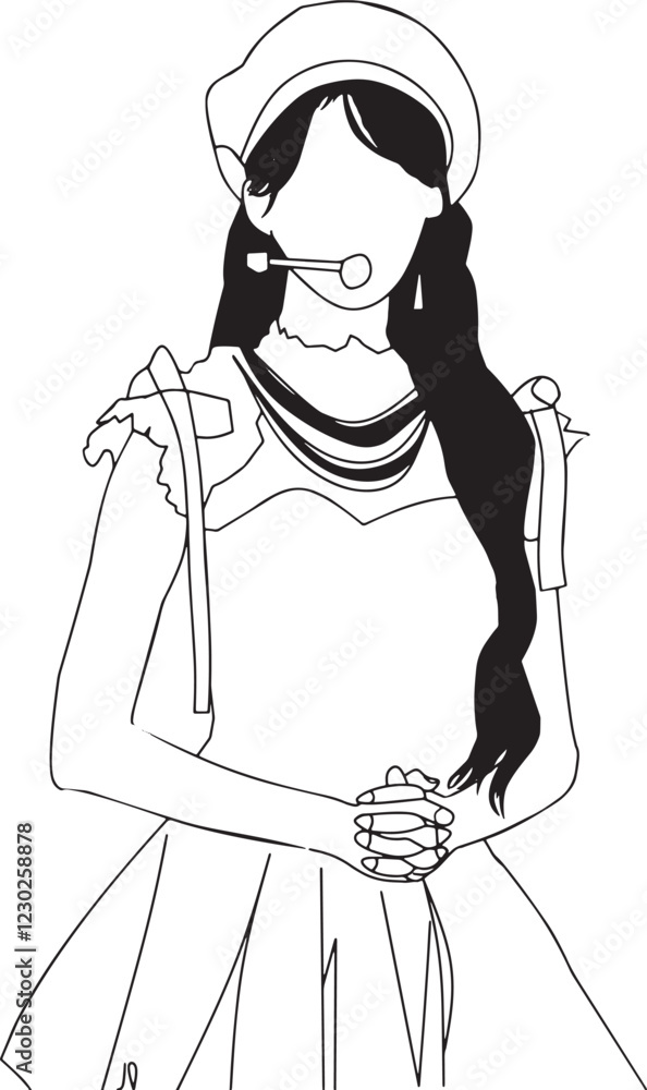 Minimalist line art depicting a performer wearing a detailed costume,microphone headset,and a beret,exuding grace and professionalism. Minimalist line art depicting a performer wearing a detailed costume,microphone headset,and a beret,exuding grace and professionalism.