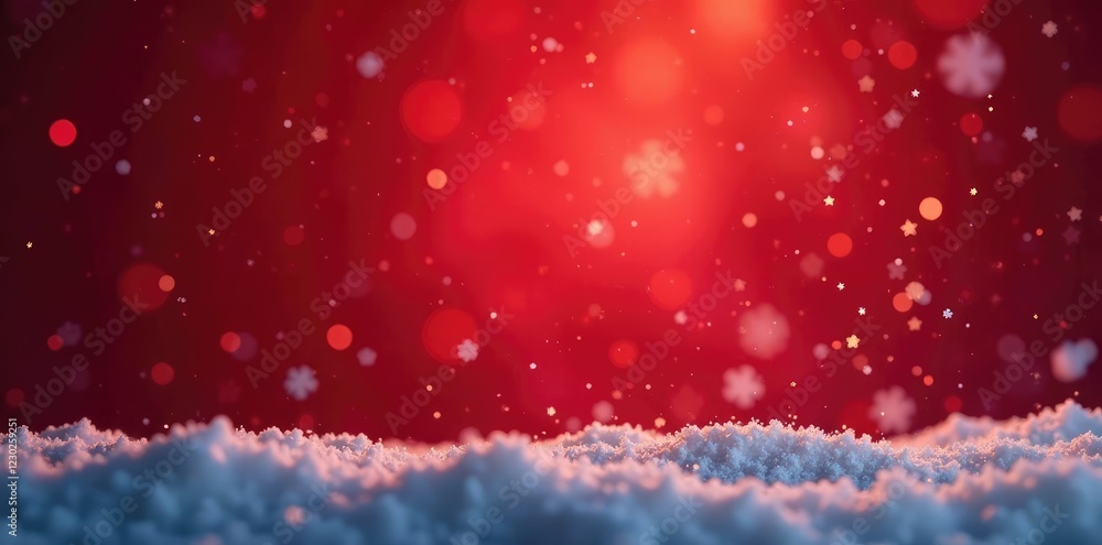 Sparkling snowflakes fall gently on a starry red background, snowfall, twinkling lights Sparkling snowflakes fall gently on a starry red background, snowfall, twinkling lights