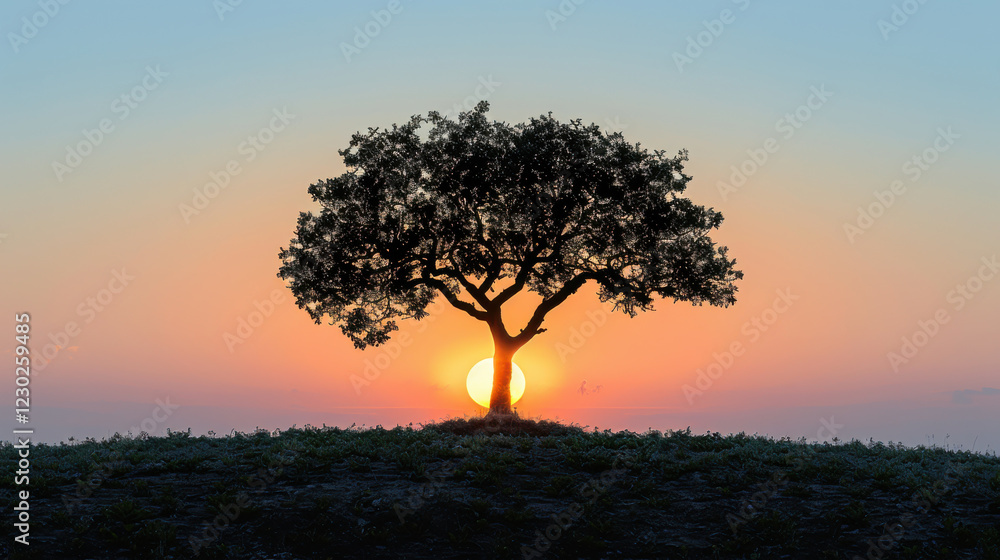 Obraz premium serene landscape at dusk with tree silhouetted against setting sun