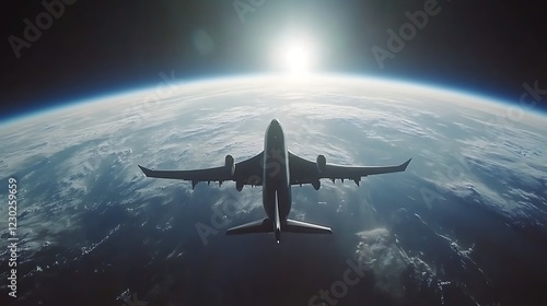 Cinematic View of Airplane Flying Over Earth photo