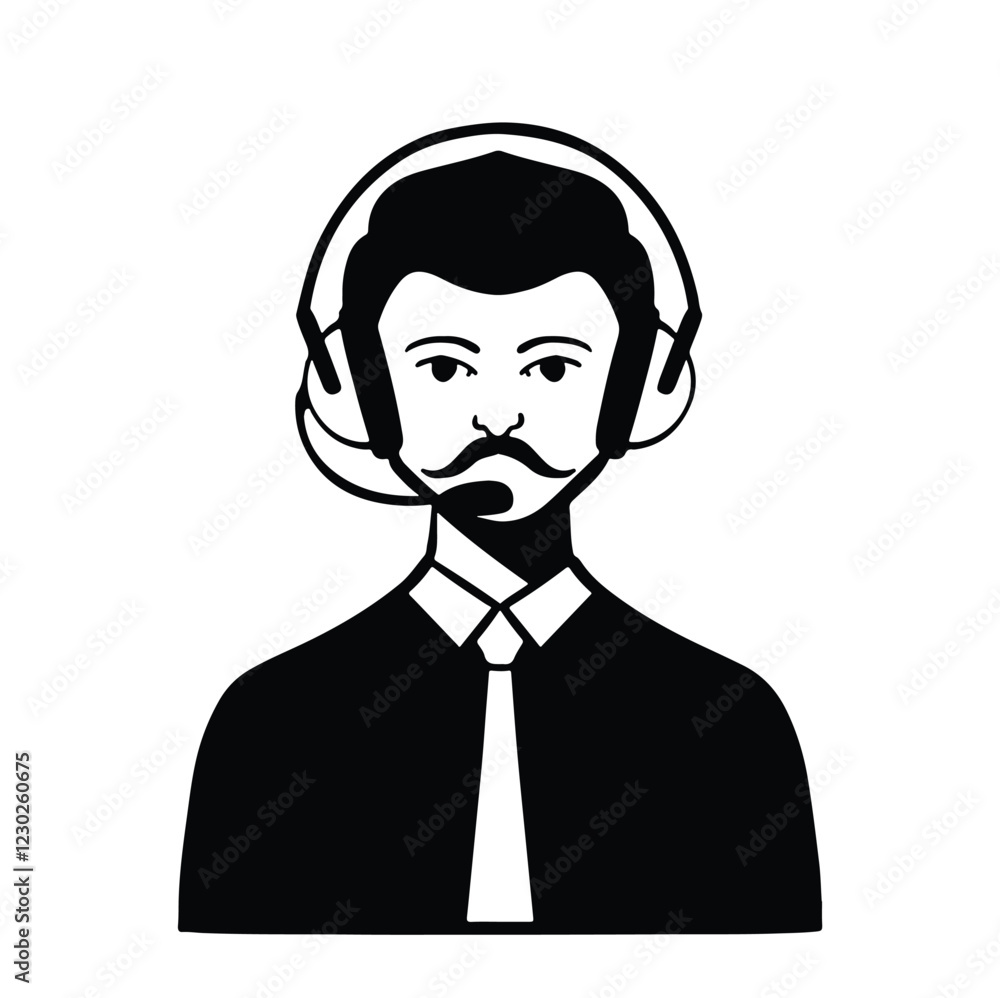 Flat style avatar, dispatcher secretary administrator with mustache in shirt man in tie, black and white Flat style avatar, dispatcher secretary administrator with mustache in shirt man in tie, black and white