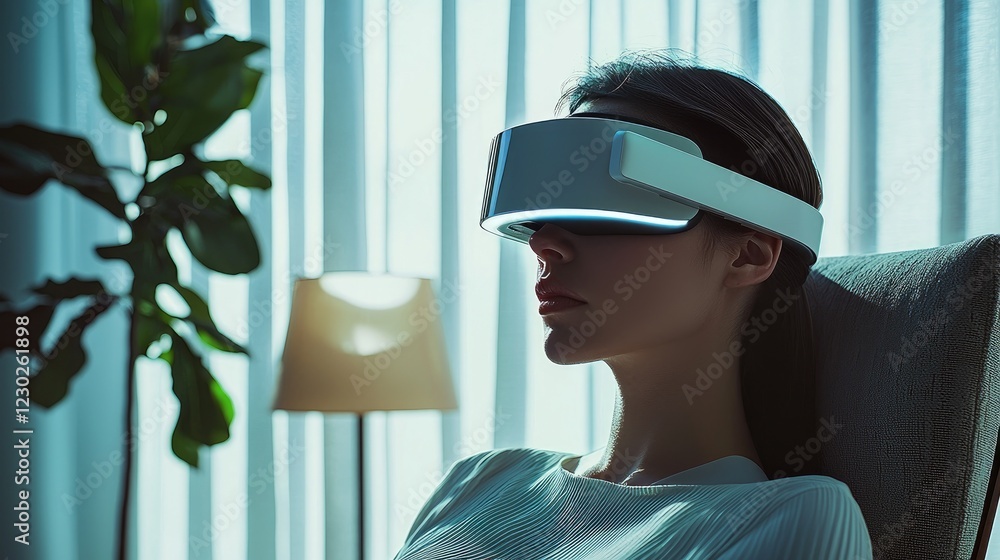 Woman Experiencing Immersive Virtual Reality at Home Woman Experiencing Immersive Virtual Reality at Home
