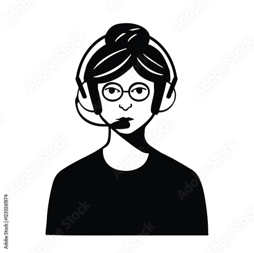 Flat style avatar, young dispatcher secretary administrator woman with high hairstyle in glasses and headphones, black and white