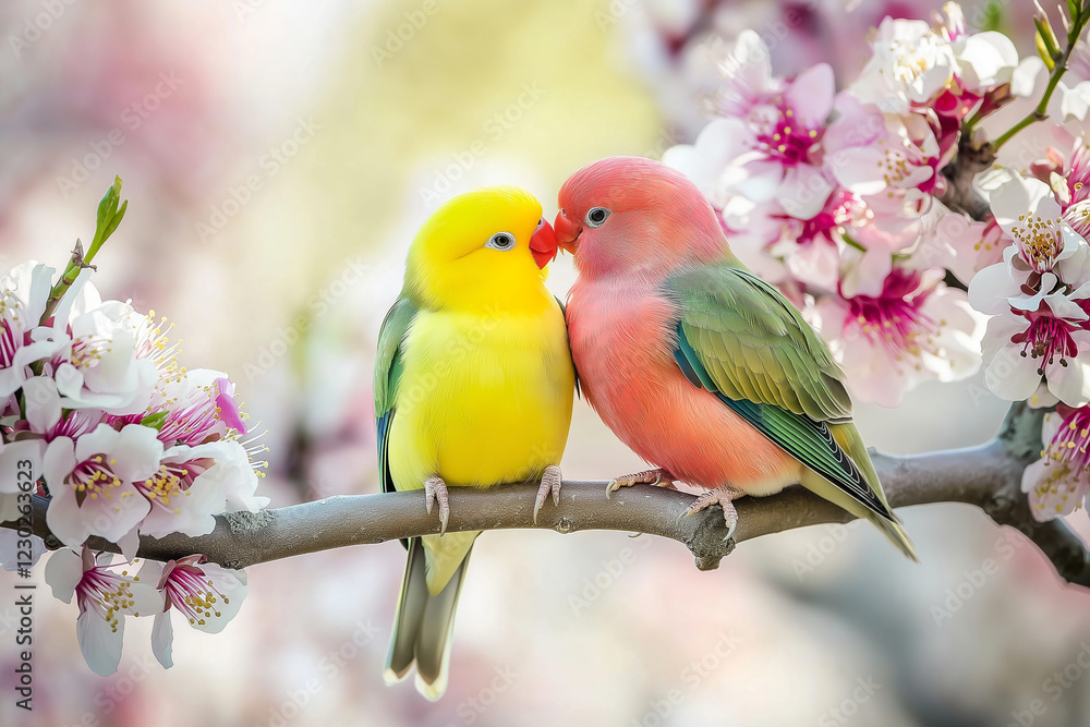 Naklejka premium 2 bird love on tree branch soft pastel background