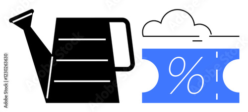 Watering can pouring onto coupon with percent symbol under cloud. Ideal for growth, savings, investment, nurturing ideas, economic strategies, financial planning, sustainable practices. Simple