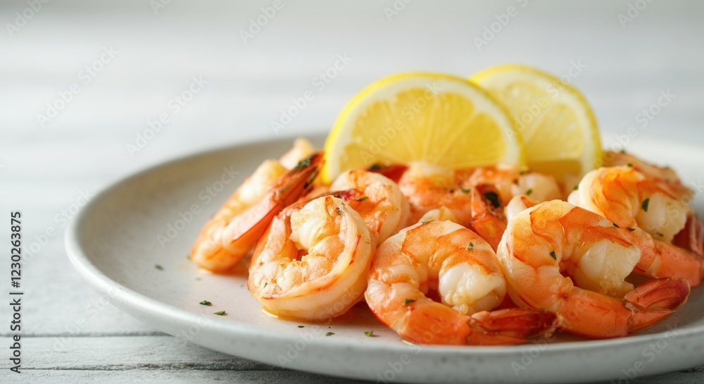 Fresh shrimp served with lemon slices on a white plate Fresh shrimp served with lemon slices on a white plate
