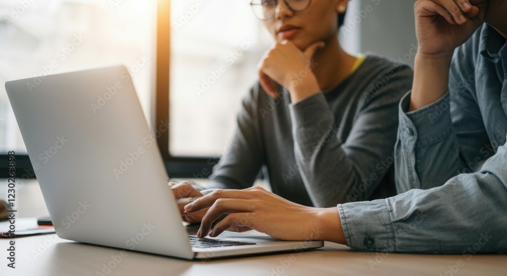 Two individuals collaborating on a laptop, focusing on teamwork and productivity Two individuals collaborating on a laptop, focusing on teamwork and productivity