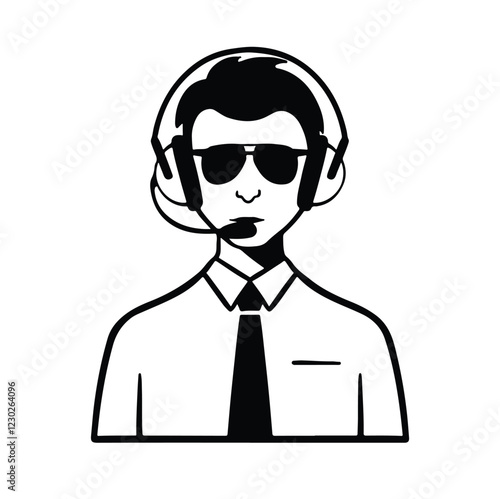 Flat style avatar, dispatcher, secretary-administrator worker in tie and sunglasses, black and white