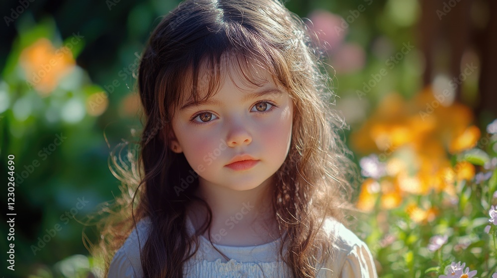 Girl with long hair looking into the distance in a vibrant garden setting. Girl with long hair looking into the distance in a vibrant garden setting.