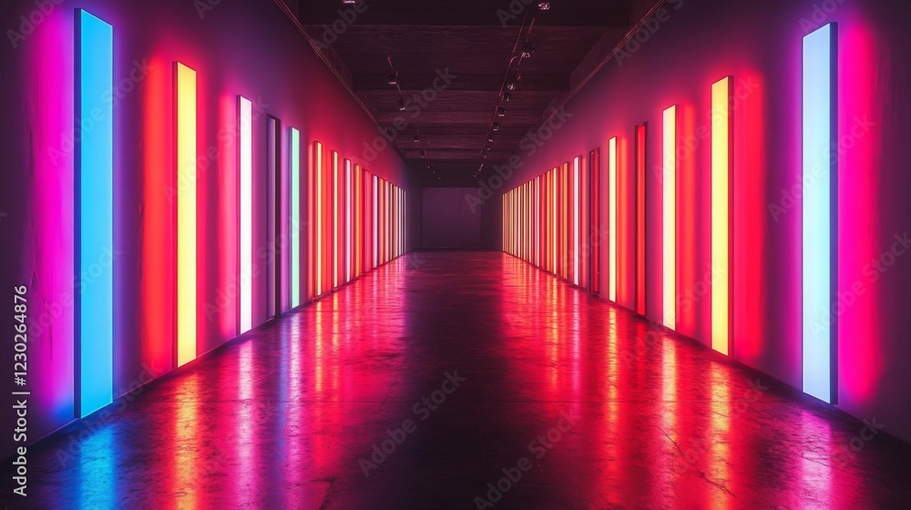 Vibrant Neon Lights Illuminate a Modern Hallway