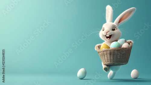 un conejo de pascua sonriente y feliz llevando una canasta o cesta con huevos de pascua decorados y coloridos sobre un fondo azul claro con espacio de copia celebrando la pascua photo