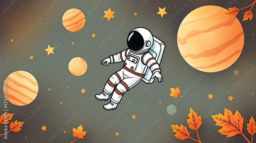 Naklejka premium astronaut floating through space surrounded by planets and stars in a dark background with scattered autumn leaves