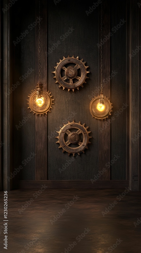 A decorative wall featuring three illuminated gears, blending industrial and vintage styles in a dimly lit environment. A decorative wall featuring three illuminated gears, blending industrial and vintage styles in a dimly lit environment.