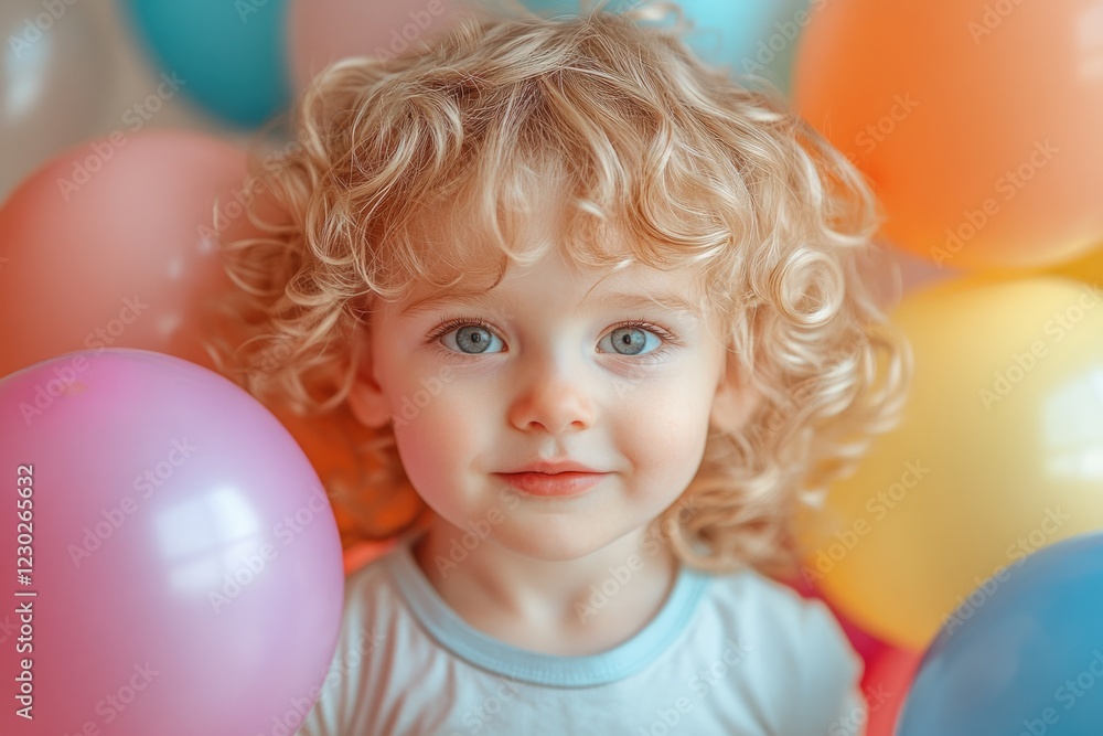 Close-up of happy toddler surrounded by colorful balloons, enjoying a festive celebration Close-up of happy toddler surrounded by colorful balloons, enjoying a festive celebration