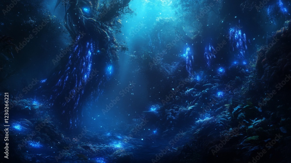 Obraz premium Enchanted Forest with Glowing Blue Lights at Night