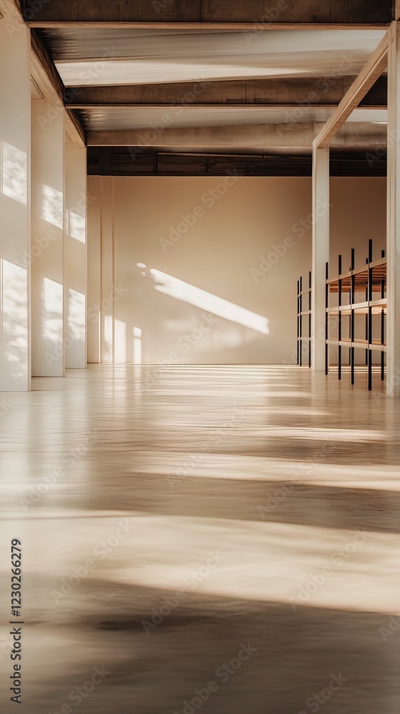 Obraz premium A spacious, minimalist interior with light streaming through windows, casting shadows on a polished floor.