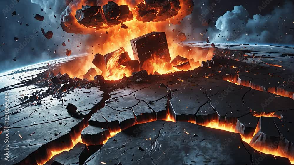 Apocalyptic Explosion with Fiery Blast and Cracked Earth in a Dramatic Cataclysmic Destruction Scene

